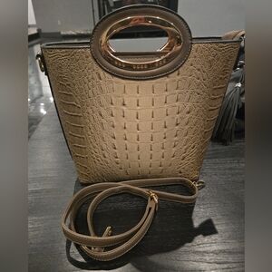 Tan Crocodile Embossed Shoulder Bag with Wooden Handles